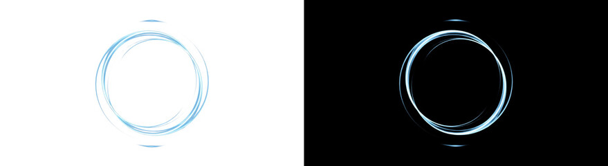 An abstract glowing light blue circular ring design with dynamic lines is presented on both a clean white and a dark black background, creating a modern and energetic visual effect