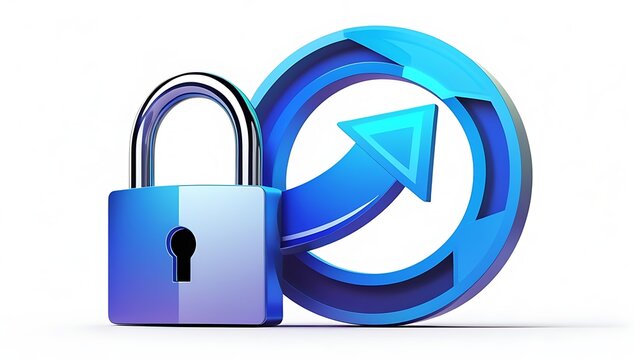 Cybersecurity concept with blue padlock and refresh arrow icon 3d