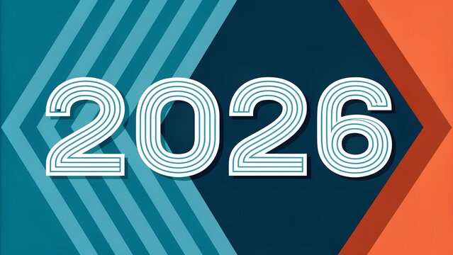 Modern graphic design featuring the year 2026 with stylized lines and geometric shapes