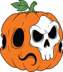 Spooky pumpkin skull illustration, Halloween-themed vector art, creepy carved face design, eerie seasonal decoration, horror-inspired concept, orange gourd with leaf detail
