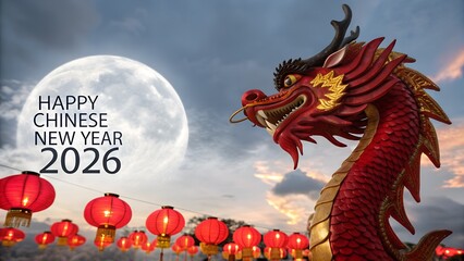 Fototapeta premium Vibrant red chinese dragon decoration under a full moon celebrating happy chinese new year 2026