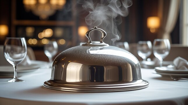Steaming silver cloche on an elegant restaurant table setting
