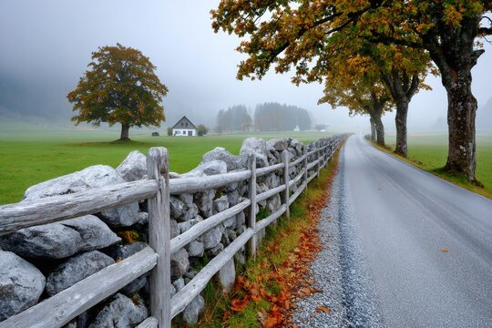 Autumn fog covering rural road with stone fence - Powered by Adobe