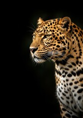 Fototapeta premium Leopard Portrait with Dark Background - Majestic leopard profile against a dark backdrop, symbolizing power, grace, and vigilance
