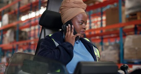Phone call, supply chain and black woman on forklift in warehouse for distribution information. Cellphone, stock list and African female logistics worker on mobile discussion in lift truck for cargo. - Powered by Adobe