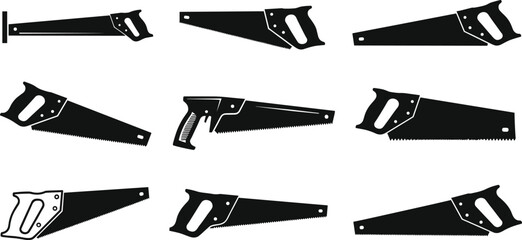 saw, hand, silhouette, icon, vector, black, blade, tool, grip, teeth, carpentry, woodworking, equipment, outline, design