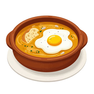 Garlic soup with fried egg in terracotta bowl, cartoon style, brown yellow white, Spanish food
