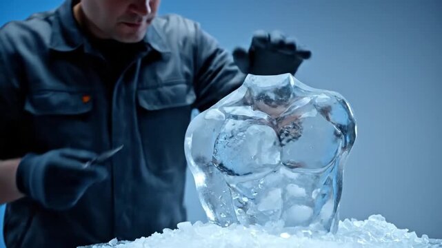 A skilled artist meticulously carves a detailed ice sculpture of a human torso.