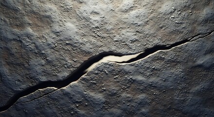 Detailed View Of A Deep Geological Fissure Cutting Through Rough Textured Earth Surface Showing Intense Erosion And Granular Rock Structure With Dramatic Shadowing And Natural Weathering Eff