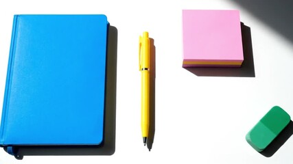 Vibrant blue notebook, yellow pen, pink sticky notes, and green eraser on a white desk.