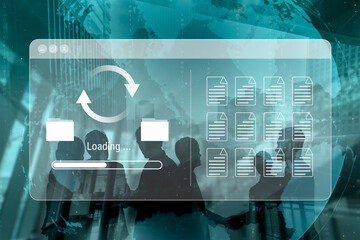 File synchronization or loading interface with progress bar, folders, and documents, symbolizing data backup, transfer, and system update Parse