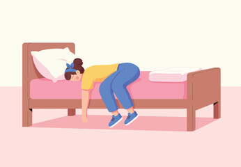 Exhausted woman lying face down on bed, feeling burnout and depression after hard work, vector illustration