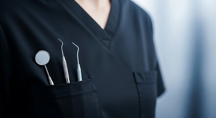 A Close-Up View Of A Skilled Dental Professional Wearing A Dark Uniform With Essential Stainless Steel Oral Examination Tools Neatly Placed In The Chest Pocket Indicating Readiness For Clini