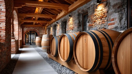 Wine barrels aging in rustic stone brick winery cellar