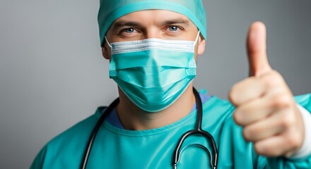 Confident Male Surgeon Wearing Teal Scrubs Medical Cap And Protective Face Mask Giving A Positive Thumbs Up Gesture Against A Neutral Gray Background Conveying Success And Approval In Health