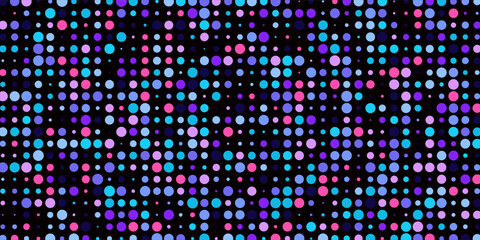 Obraz premium Purple disco party seamless pattern. Circle sequin mosaic texture background. Abstract shining colorful halftone wallpaper. Pop up comic glitter sparkles backdrop. Retro vector design template