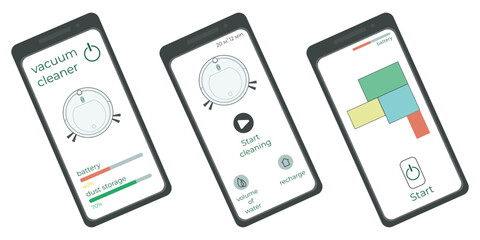 Set, 3 mobile phones, app, robot vacuum cleaner control, cleaning, apartment plan, button, robot vacuum cleaner, charging station