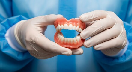 Professional Dental Specialist Holding Complete Upper and Lower Denture Prosthesis Set With Protective White Gloves Against a Bright Blue Medical Background Showcasing Modern Oral Health Sol