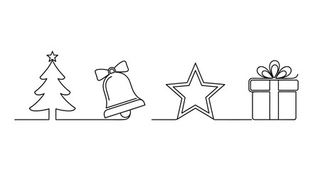 Minimalist continuous line drawing of christmas tree bell star and gift box on white background