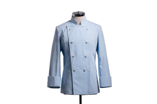 Professional light blue chef jacket with classic double-breasted design and pearl buttons, perfect for culinary professionals seeking stylish kitchen wear.