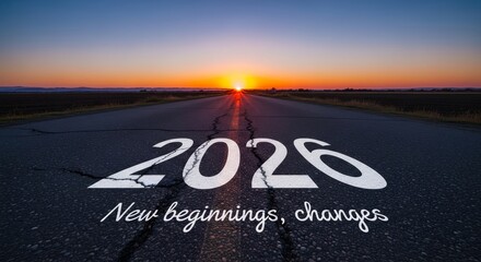 Obraz premium New Year Road to Future - An open road leads to the horizon with a bright sunrise. The year 2026 represents new beginnings and positive changes ahead