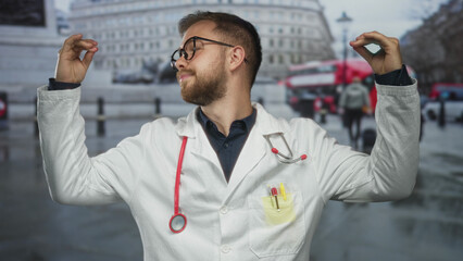 Man doctor in white coat with red stethoscope and raised hands pinching fingers on a rainy city...