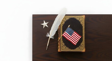 American flag and quill pen on old book with star symbol