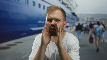Man cupping hands to mouth shouting on street by a busy dock and cruise ship with blurred...