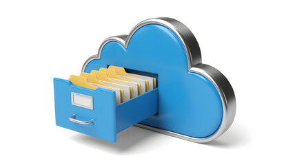 Blue cloud shaped digital storage device with an open drawer filled with yellow data chips symbolizing cloud computing and data organization