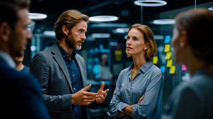 A group of people in a modern office setting engaged in conversation