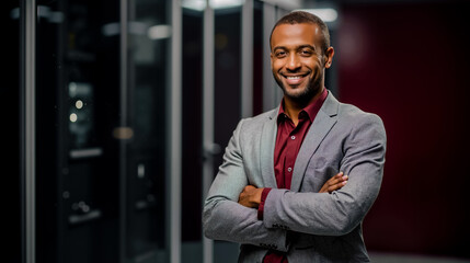 A man in a suit with his arms crossed smiling and looking at the camera
