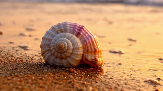 A beautiful spiral seashell rests on the warm, sandy beach at golden hour.