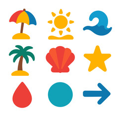 Vibrant summertime icons featuring sun, umbrella, palm tree, and wave motifs