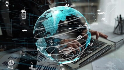 A futuristic digital globe showcasing technology and connectivity within a modern workspace. Ideal for themes of data analysis, globalization, and innovation. Xenic