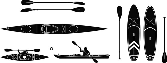 kayak, paddleboard, silhouette, icon, vector, black, sport, water, outdoor, gear, equipment, adventure, activity, boat, person