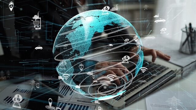 A futuristic digital globe showcasing technology and connectivity within a modern workspace. Ideal for themes of data analysis, globalization, and innovation. Xenic