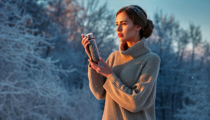 Captivating Woman Enjoying Golden Winter Sunset with Frosty Thermos and Falling Snow, Christmas ads woman