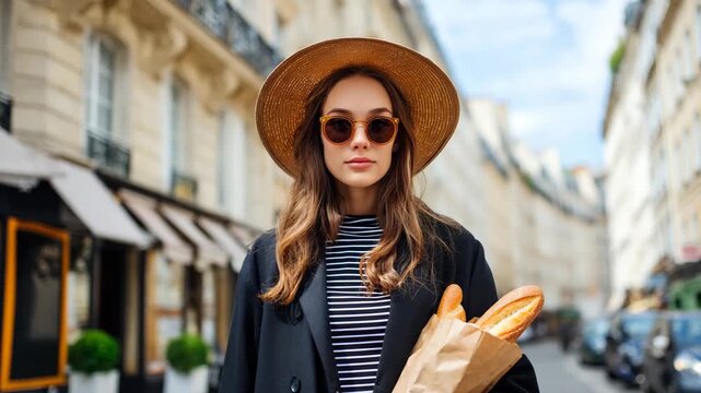 Young woman holding baguettes and wearing sunglasses while walking along a Parisian street in sunny weather