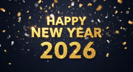 Sparkling New Year 2026 Celebration - Celebrate the New Year 2026 with shimmering gold text and falling confetti, symbolizing joy, prosperity, hope, and a fresh start