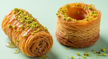 Sweet Kataifi Pastry Dessert - Two pieces of Kataifi pastry, drizzled with syrup and sprinkled with pistachios, against a soft green background. Delicious Middle Eastern treat