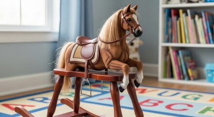 Toy Horse on a Rocking Horse - A charming rocking horse evokes nostalgia, childhood, and playfulness. It symbolizes imagination, tradition, and comfort in a cozy room
