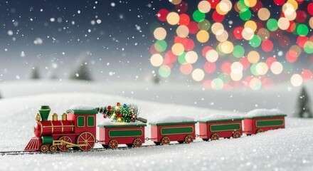 Toy Train Delivering Christmas Tree in Snowy Landscape - Festive toy train carrying a Christmas tree through a snow covered landscape, with blurred lights in background, symbolizing holiday spirit,