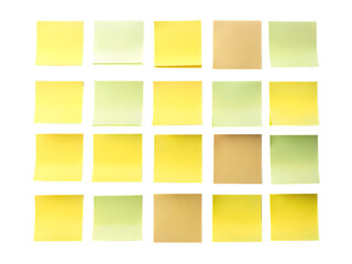 A grid of colorful sticky notes arranged in rows and columns isolated on transparent background