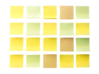 A grid of colorful sticky notes arranged in rows and columns isolated on transparent background
