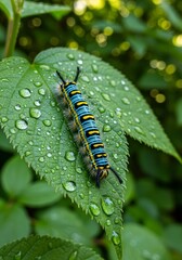Vibrant Caterpillar Resting on Dewy Leaf - A colorful caterpillar sits atop a leaf covered in dew drops, symbolizing transformation, nature's beauty, growth, resilience, and the delicate balance of