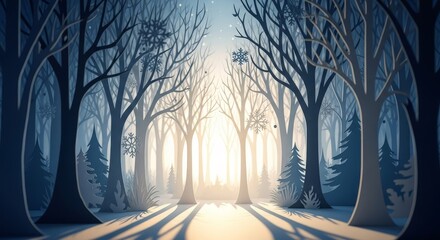 Winter Forest Scenery - A serene winter forest with snow-covered ground and trees, bathed in soft, light