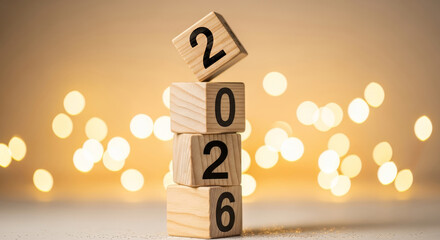 Wooden Blocks Show Year Two Thousand Twenty Six - Stacked wooden blocks display the year 2026 against a blurred bokeh background.