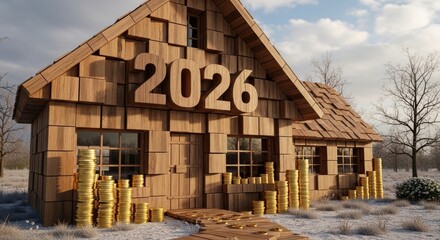 Wooden House With Coin Stacks Representing Financial Growth - An of a wooden house with coin stacks, symbolizing investment, growth, prosperity, success, and financial stability