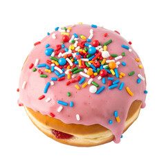 Pink glazed donut with colorful sprinkles isolated PNG — perfect for bakery branding, food packaging, dessert illustrations, and playful sweet-themed designs.