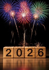 Year 2026 Celebration with Fireworks - Wooden blocks displaying 2026 with colorful fireworks in the background against a black backdrop
